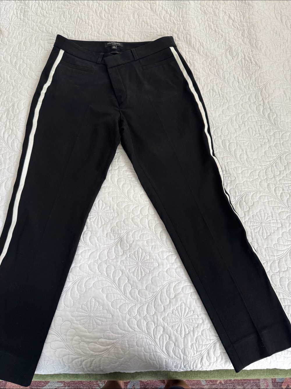 Banana Republic Black Straight-Leg Pants with White Side Stripes